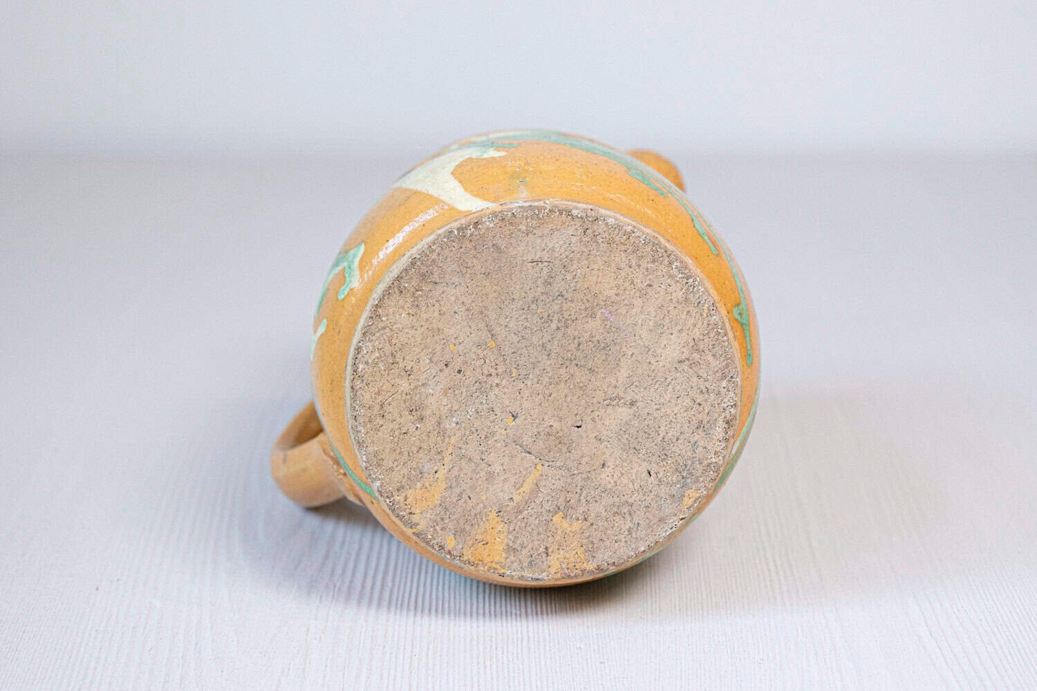 19th Century French Jaspe Pottery Pitcher with Yellow Glaze and Green Accents - JAA