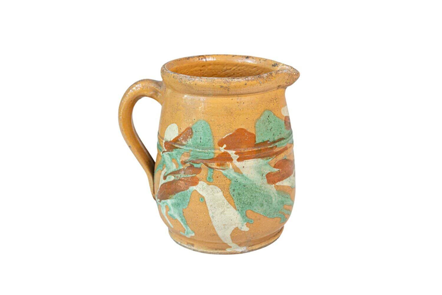 19th Century French Jaspe Pottery Pitcher with Yellow Glaze and Green Accents