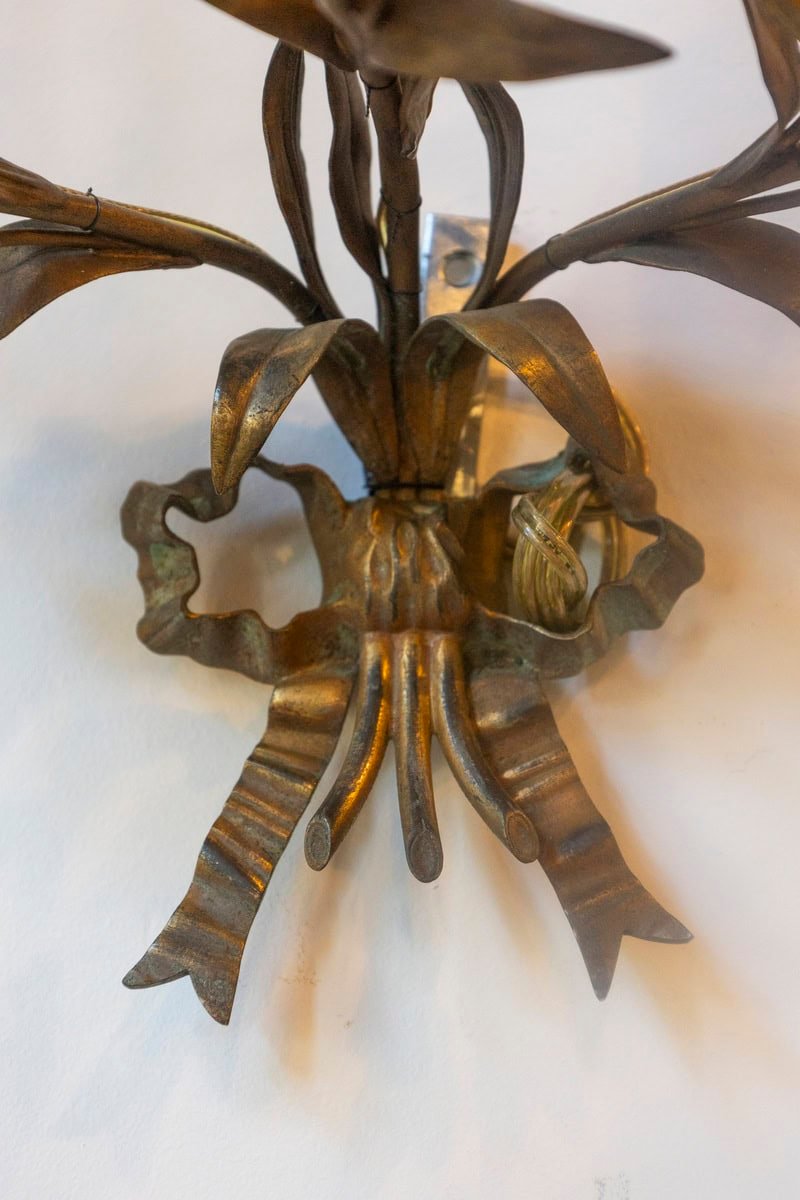 Pair of 20th Century French Gilt Tôle Floral Sconces - JAA