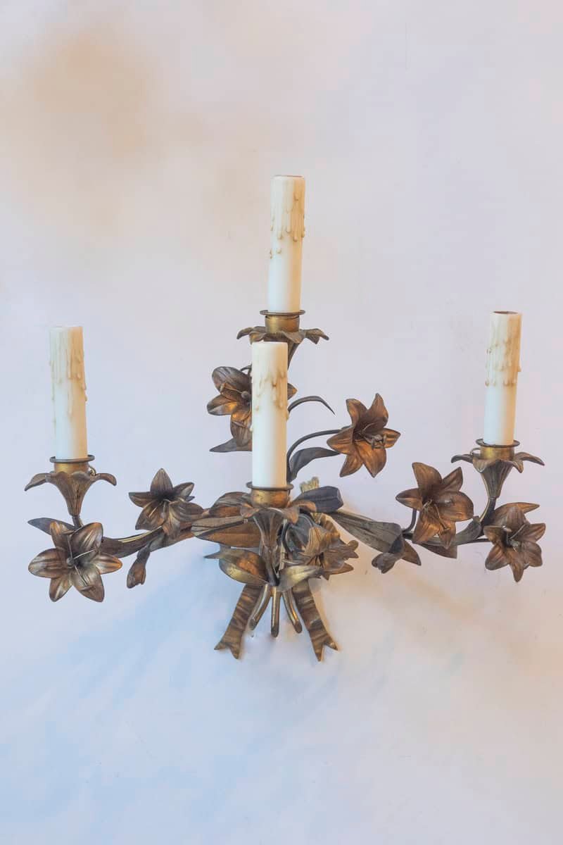Pair of 20th Century French Gilt Tôle Floral Sconces - JAA