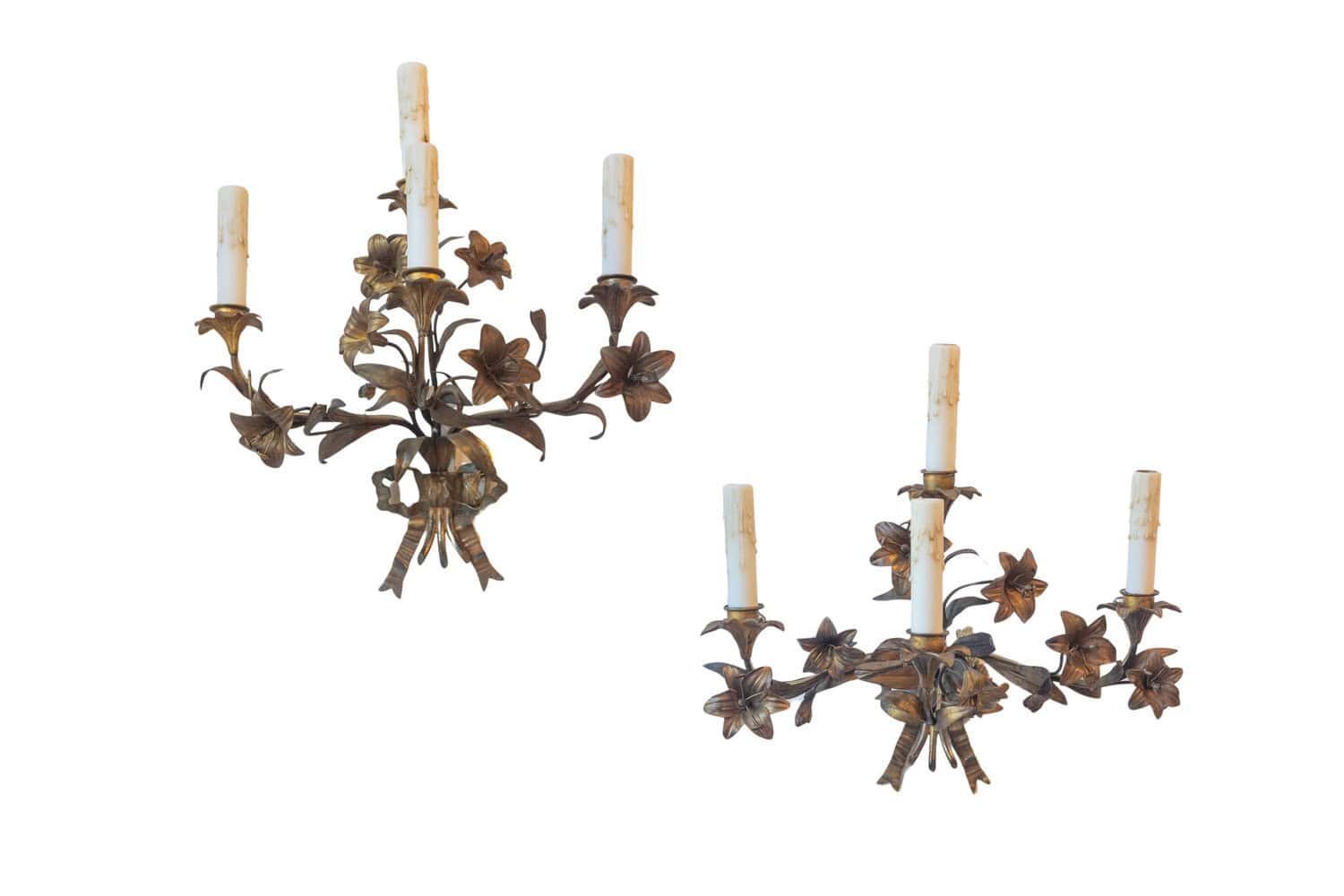 Pair of 20th Century French Gilt Tôle Floral Sconces