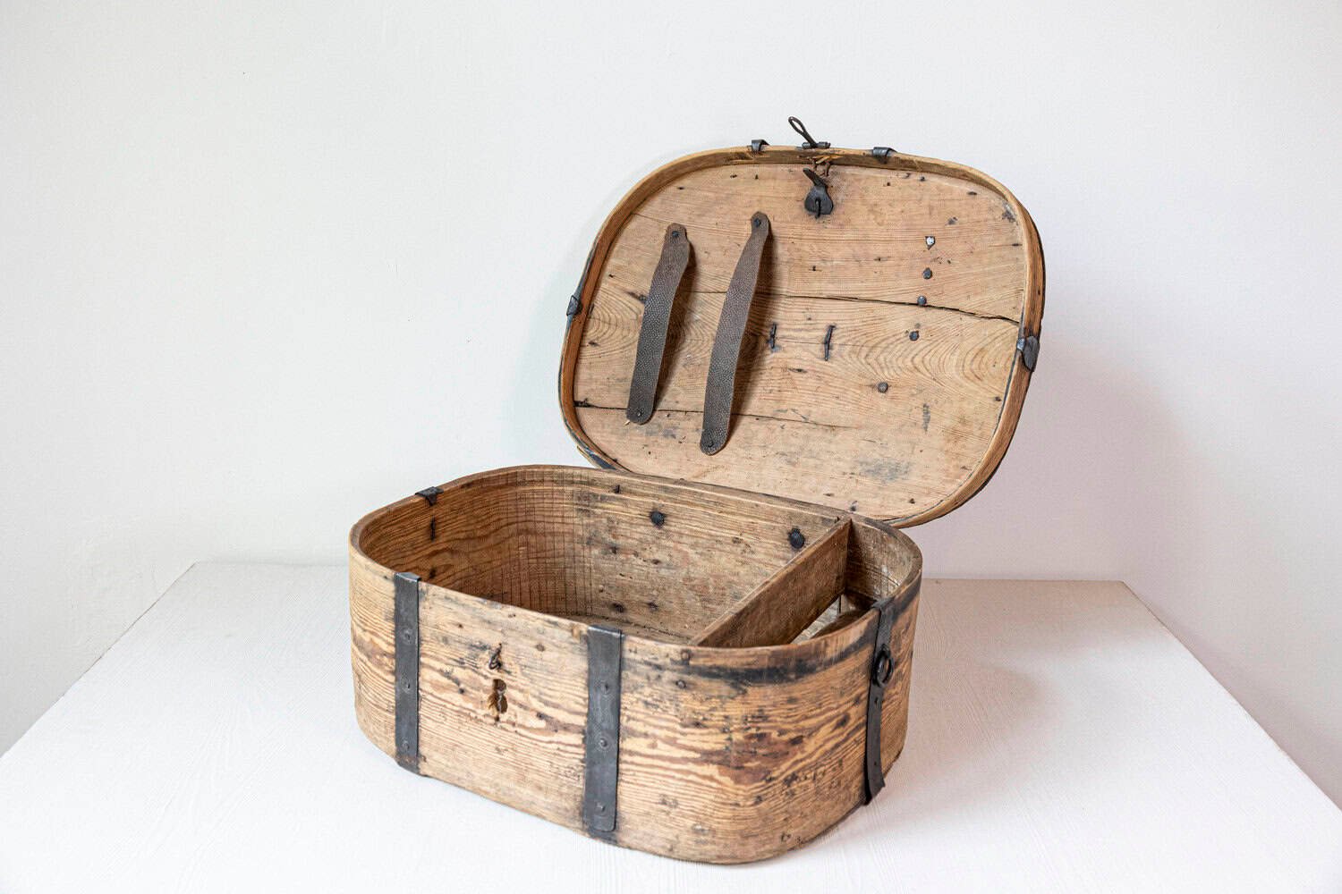 Swedish 1790s Rustic Oval Top Wooden Box with Iron Accents and Distressed Patina - JAA