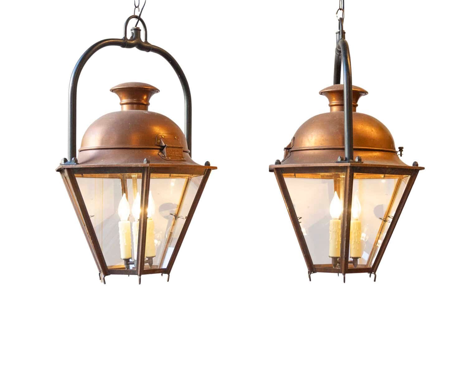 Pair of Early 20th-Century French Copper and Iron Hanging Lanterns