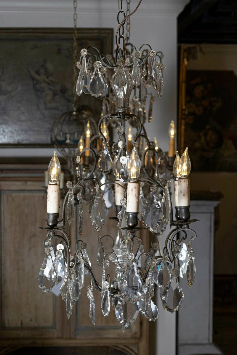 French 19th Century Crystal Six-Light Chandelier with Iron Armature and Obelisk - JAA