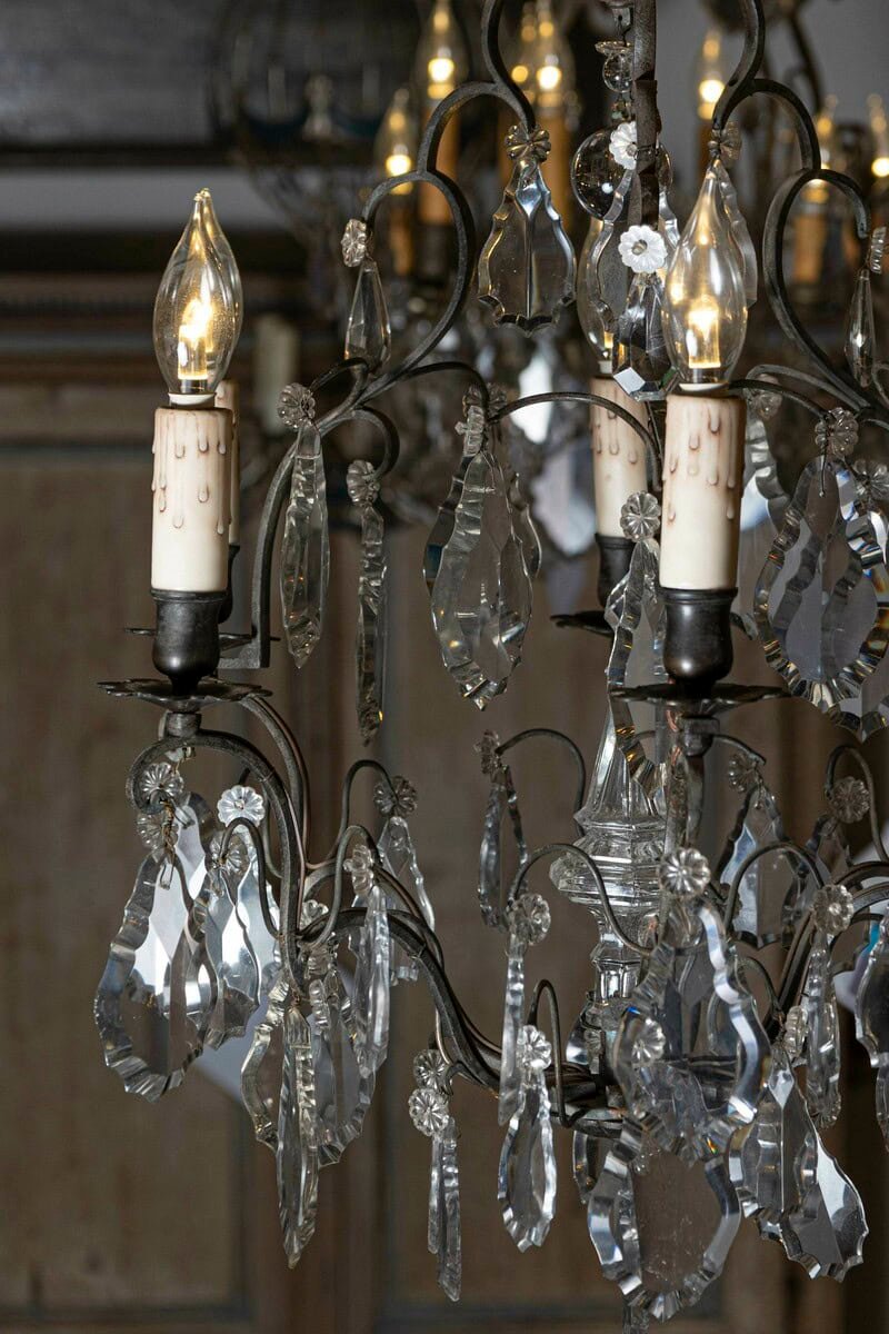 French 19th Century Crystal Six-Light Chandelier with Iron Armature and Obelisk - JAA