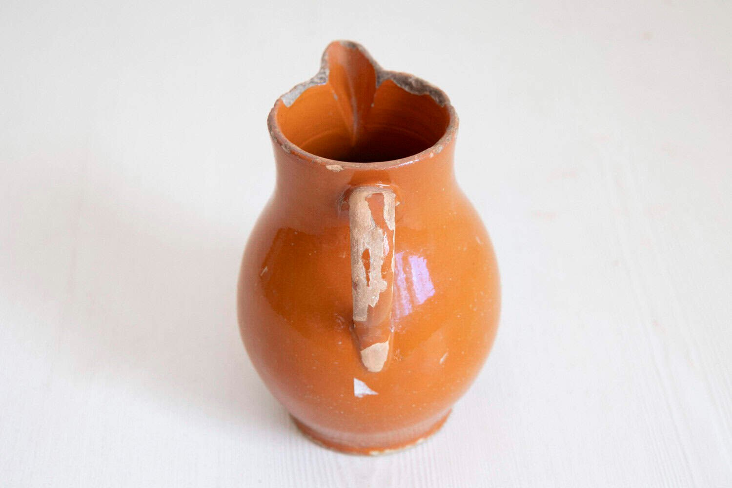 French 19th Century Redware Floral Pitcher with Orange, Cream and Green Glaze - JAA