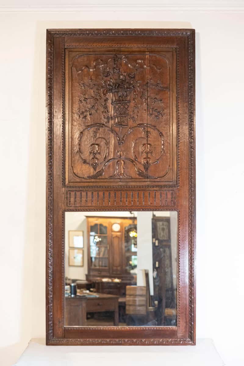 French 1750s Oak Trumeau Mirror with Large Carved Rinceaux and Floral Bouquet - JAA