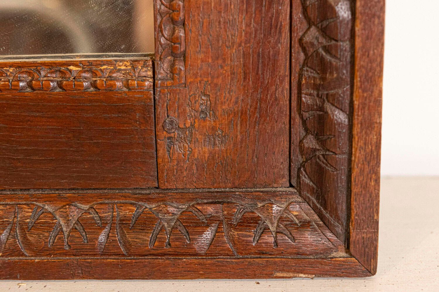 French 1750s Oak Trumeau Mirror with Large Carved Rinceaux and Floral Bouquet - JAA