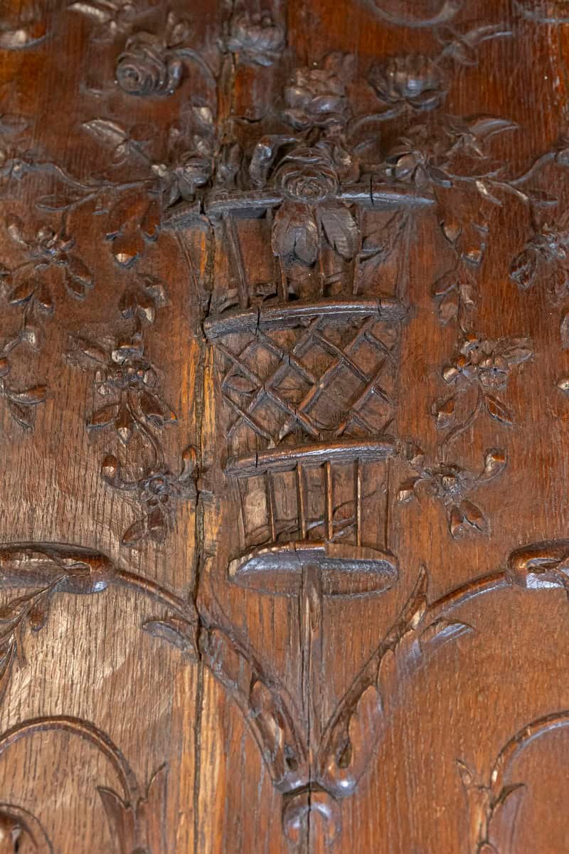 French 1750s Oak Trumeau Mirror with Large Carved Rinceaux and Floral Bouquet - JAA