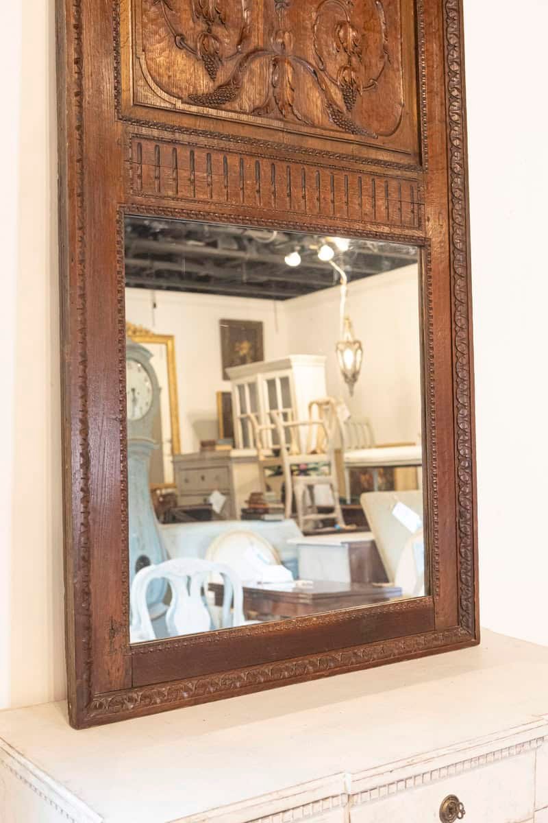 French 1750s Oak Trumeau Mirror with Large Carved Rinceaux and Floral Bouquet - JAA