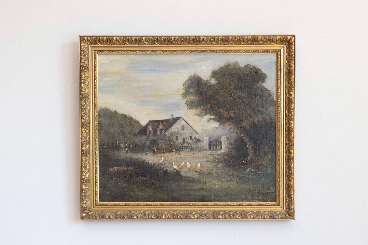 French Barbizon School Framed Oil on Canvas Pastoral Painting Signed Th. Linsyer - JAA