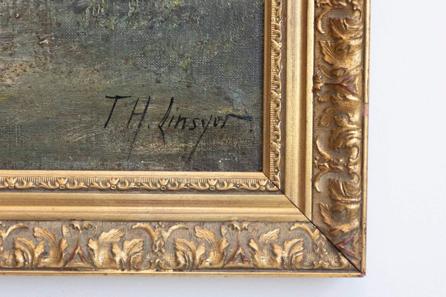 French Barbizon School Framed Oil on Canvas Pastoral Painting Signed Th. Linsyer - JAA