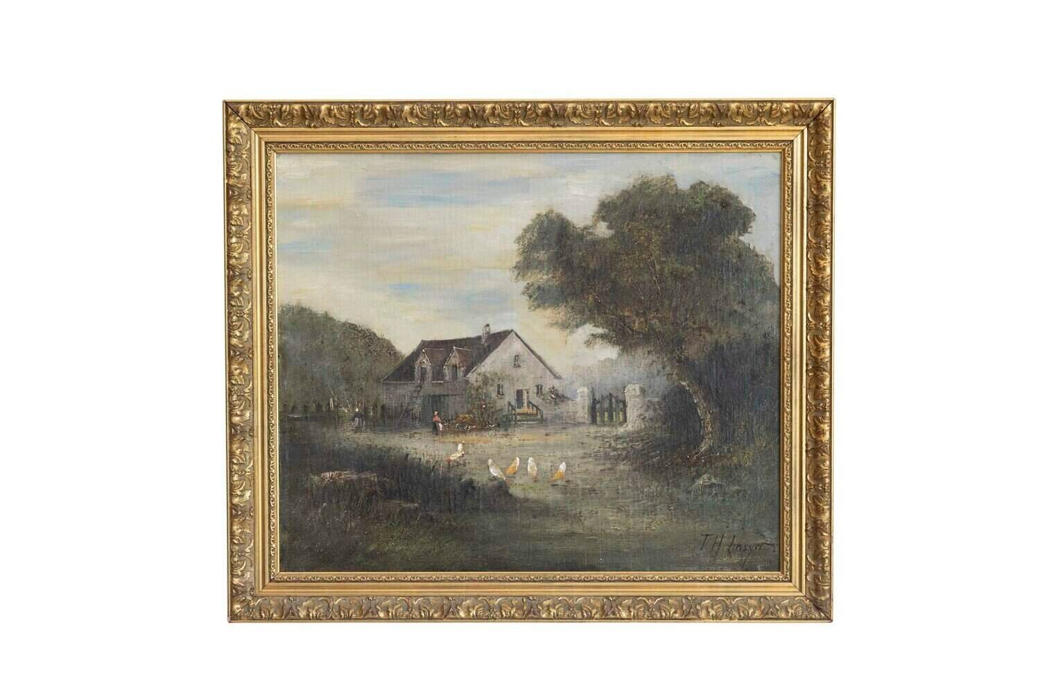 French Barbizon School Framed Oil on Canvas Pastoral Painting Signed Th. Linsyer - JAA