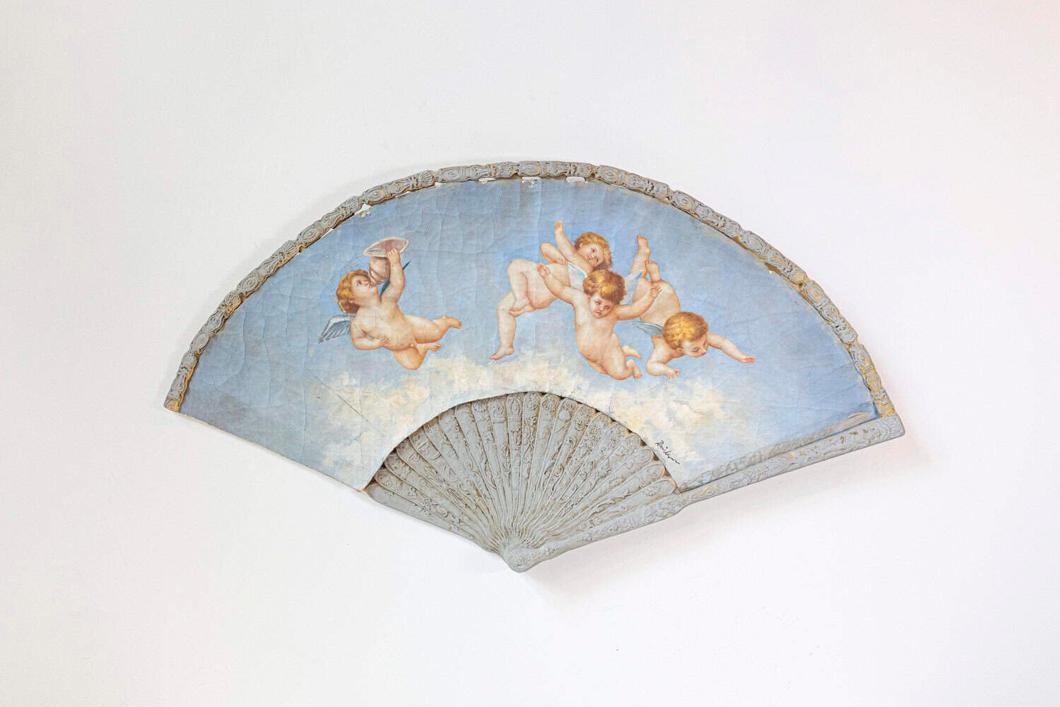 Large 19th Century French Decorative Fan with Chubby Angels on Blue Sky - JAA