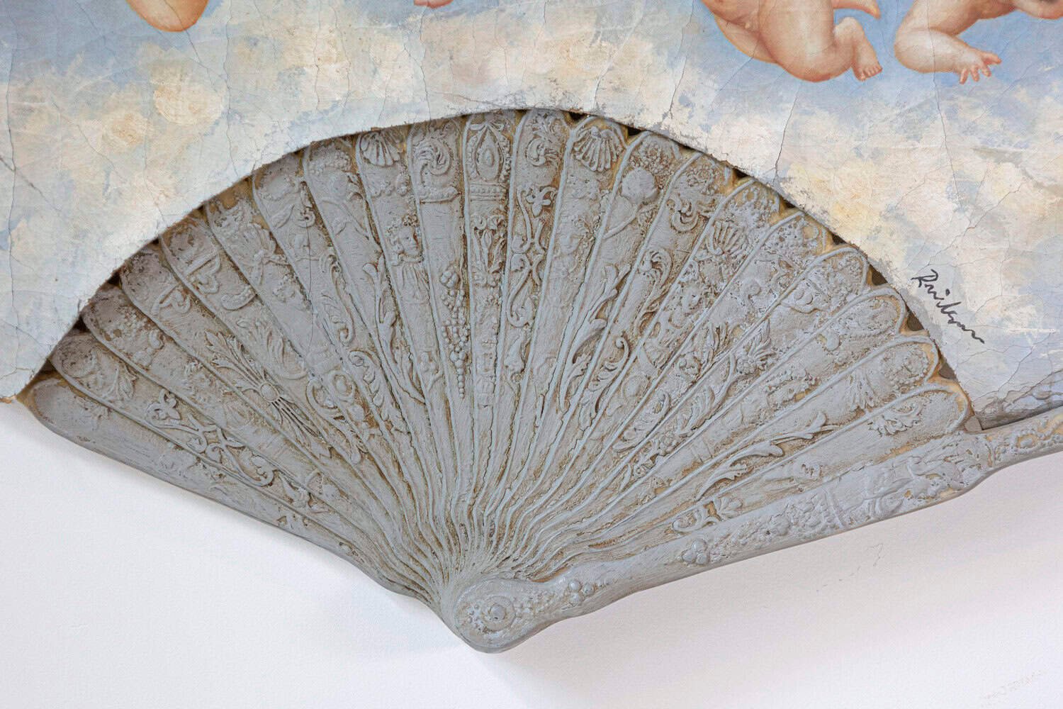 Large 19th Century French Decorative Fan with Chubby Angels on Blue Sky - JAA