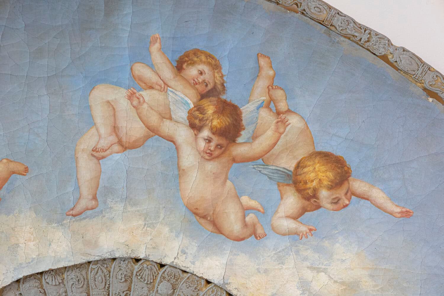 Large 19th Century French Decorative Fan with Chubby Angels on Blue Sky - JAA