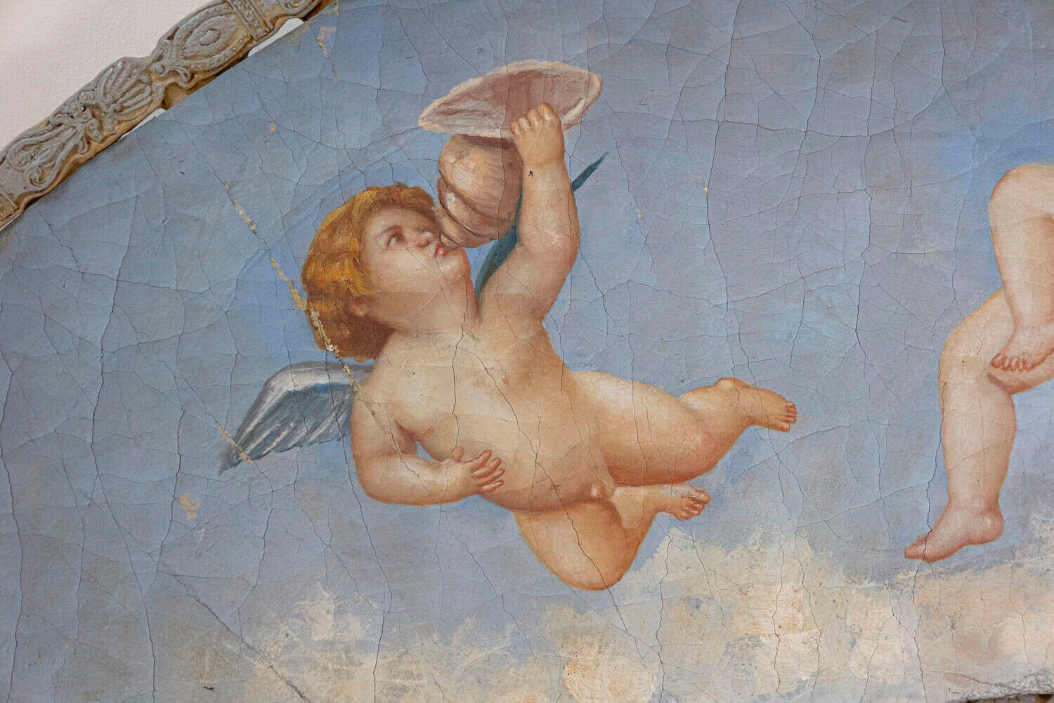 Large 19th Century French Decorative Fan with Chubby Angels on Blue Sky - JAA