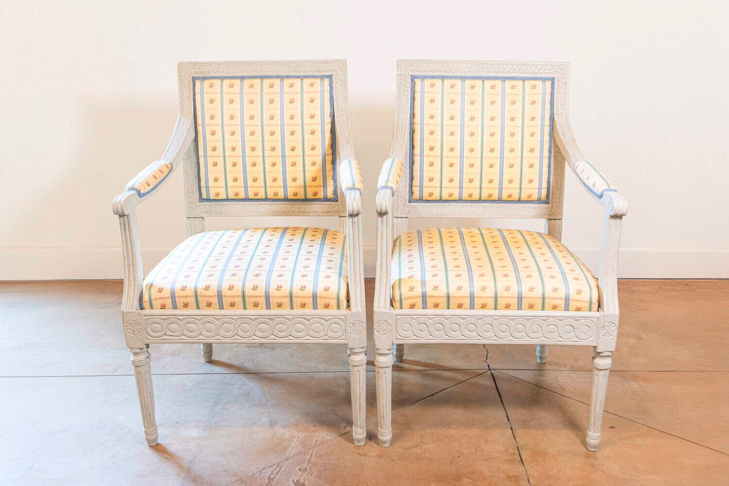 Pair of Swedish Gustavian Style 1890s Painted Wood Armchairs with Guilloches - JAA