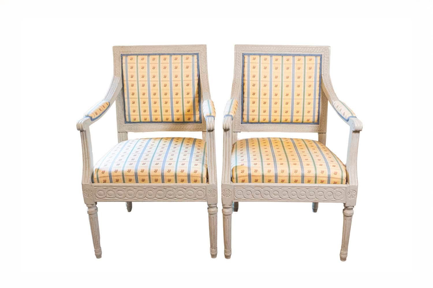 Pair of Swedish Gustavian Style 1890s Painted Wood Armchairs with Guilloches