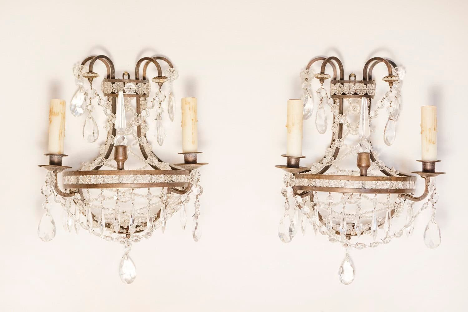 Pair of French Directoire Style Crystal Two-Light Sconces with Rosette Motifs - JAA