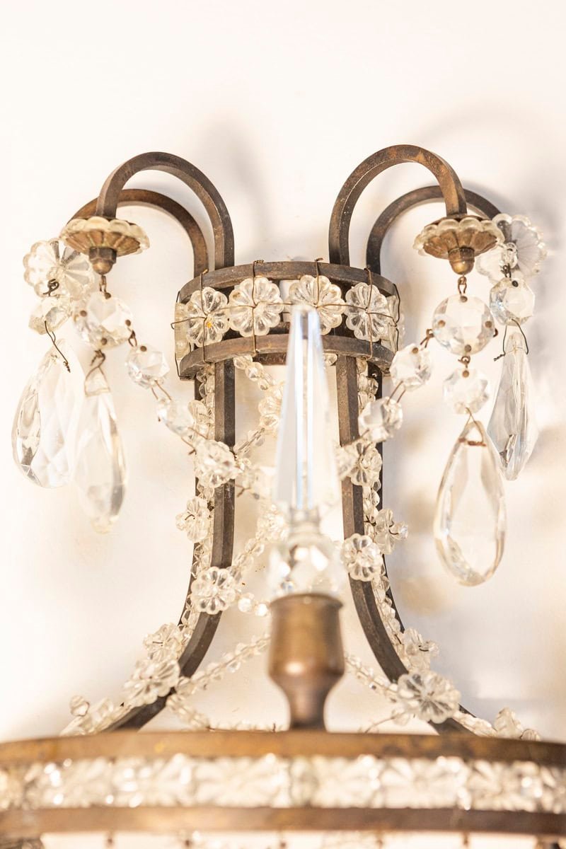Pair of French Directoire Style Crystal Two-Light Sconces with Rosette Motifs - JAA