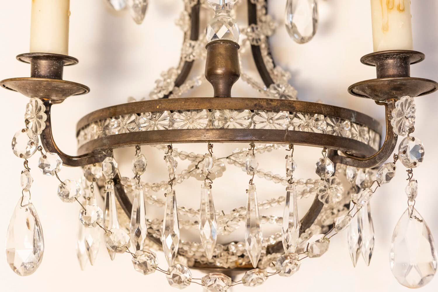 Pair of French Directoire Style Crystal Two-Light Sconces with Rosette Motifs - JAA