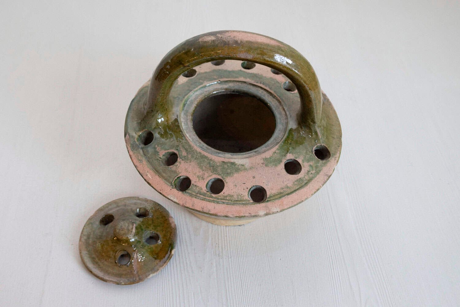 French 19th Century Fired Clay and Green Glaze Lidded Pottery Heater - JAA