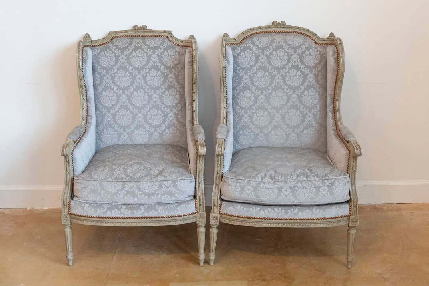 French Louis XVI Style Bergères à Oreilles with Carved Motifs and Upholstery - JAA