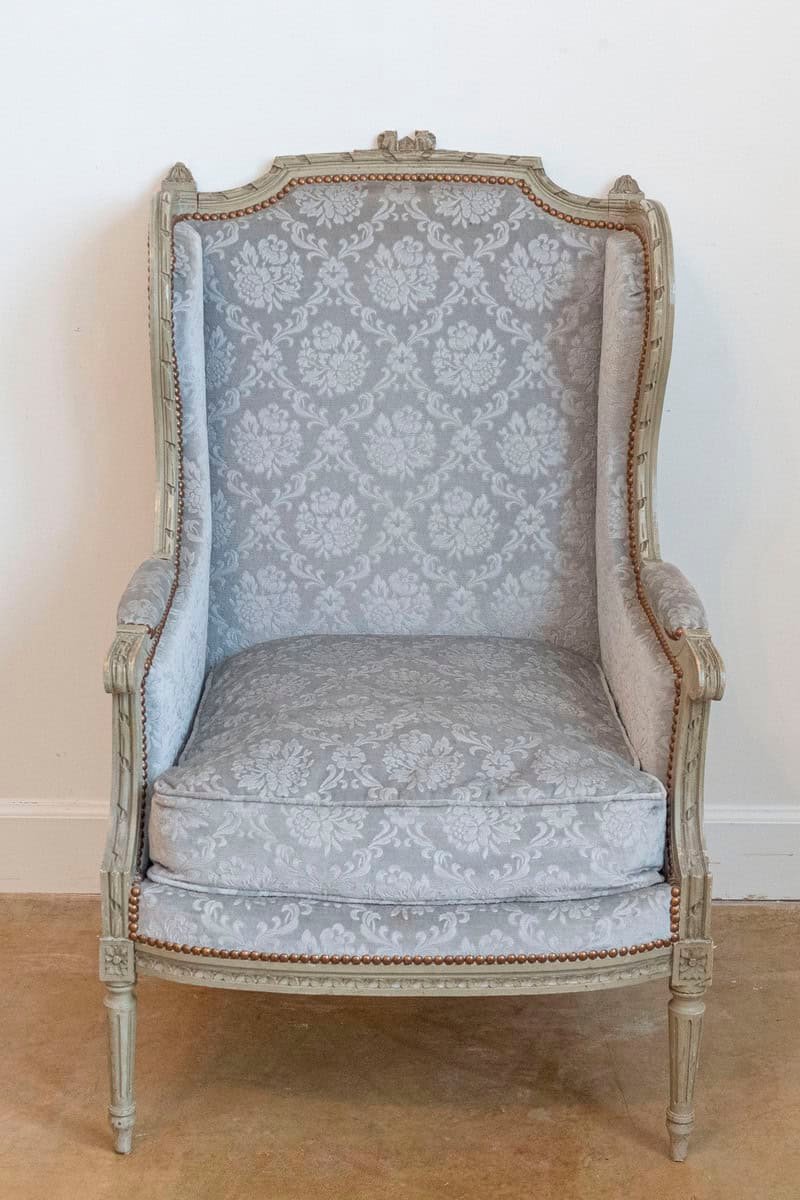 French Louis XVI Style Bergères à Oreilles with Carved Motifs and Upholstery - JAA