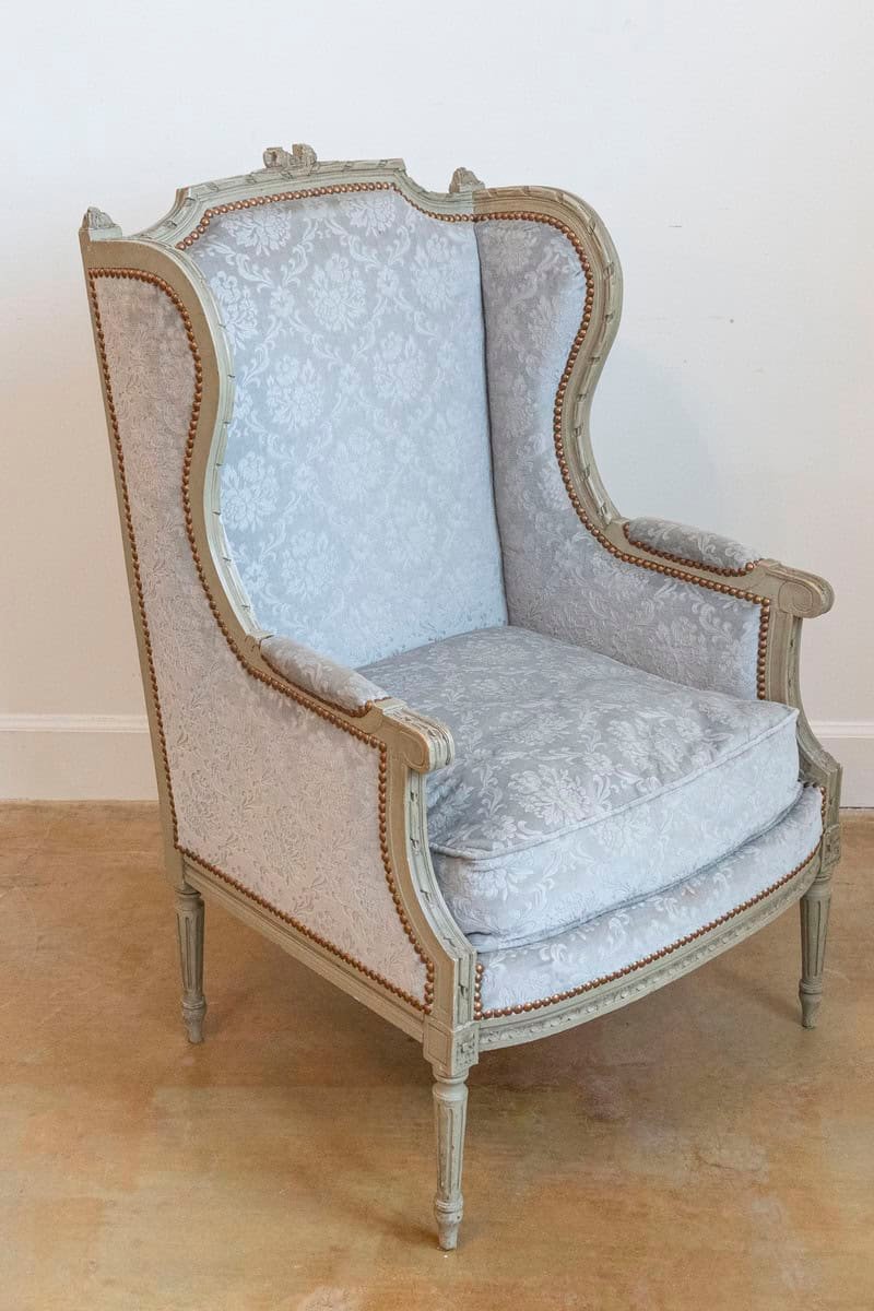 French Louis XVI Style Bergères à Oreilles with Carved Motifs and Upholstery - JAA