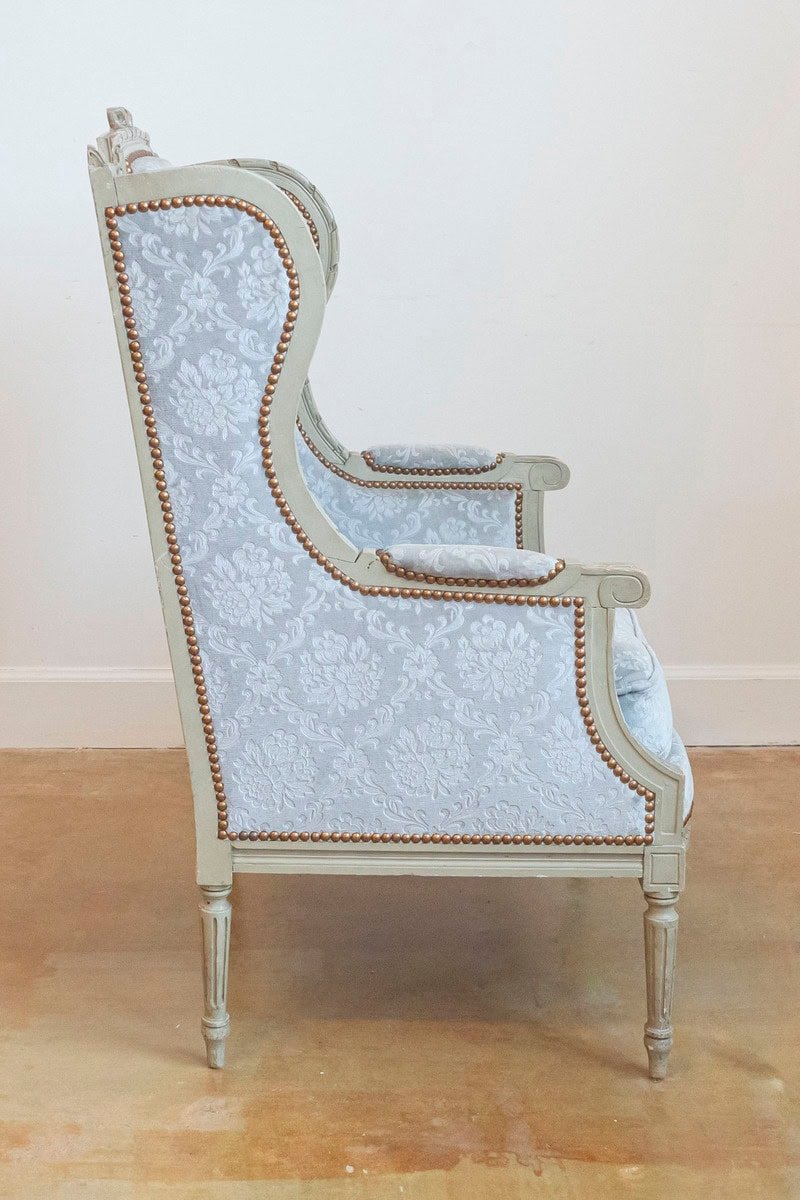 French Louis XVI Style Bergères à Oreilles with Carved Motifs and Upholstery - JAA