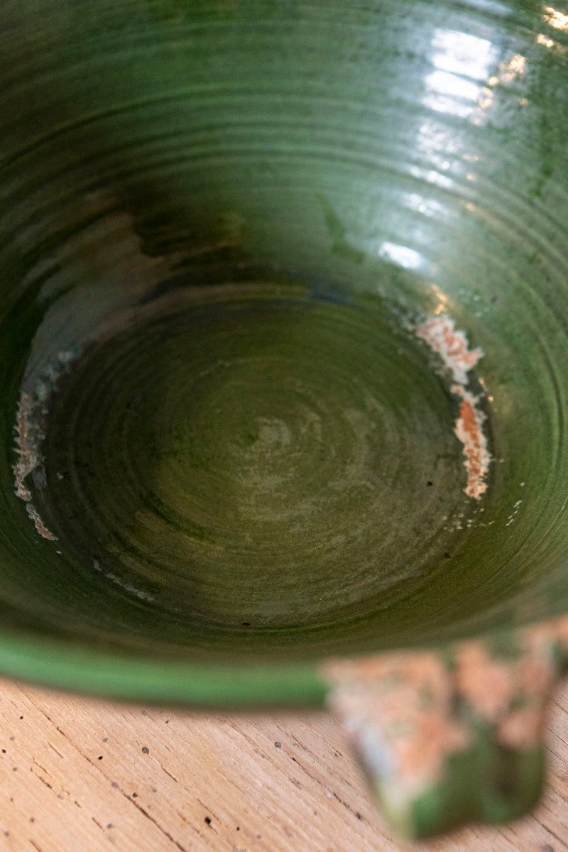 French 1850s Provincial Green Glazed Terracotta Bowl with Handles and Spout - JAA