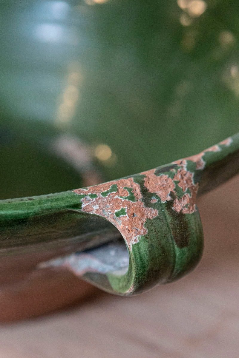 French 1850s Provincial Green Glazed Terracotta Bowl with Handles and Spout - JAA