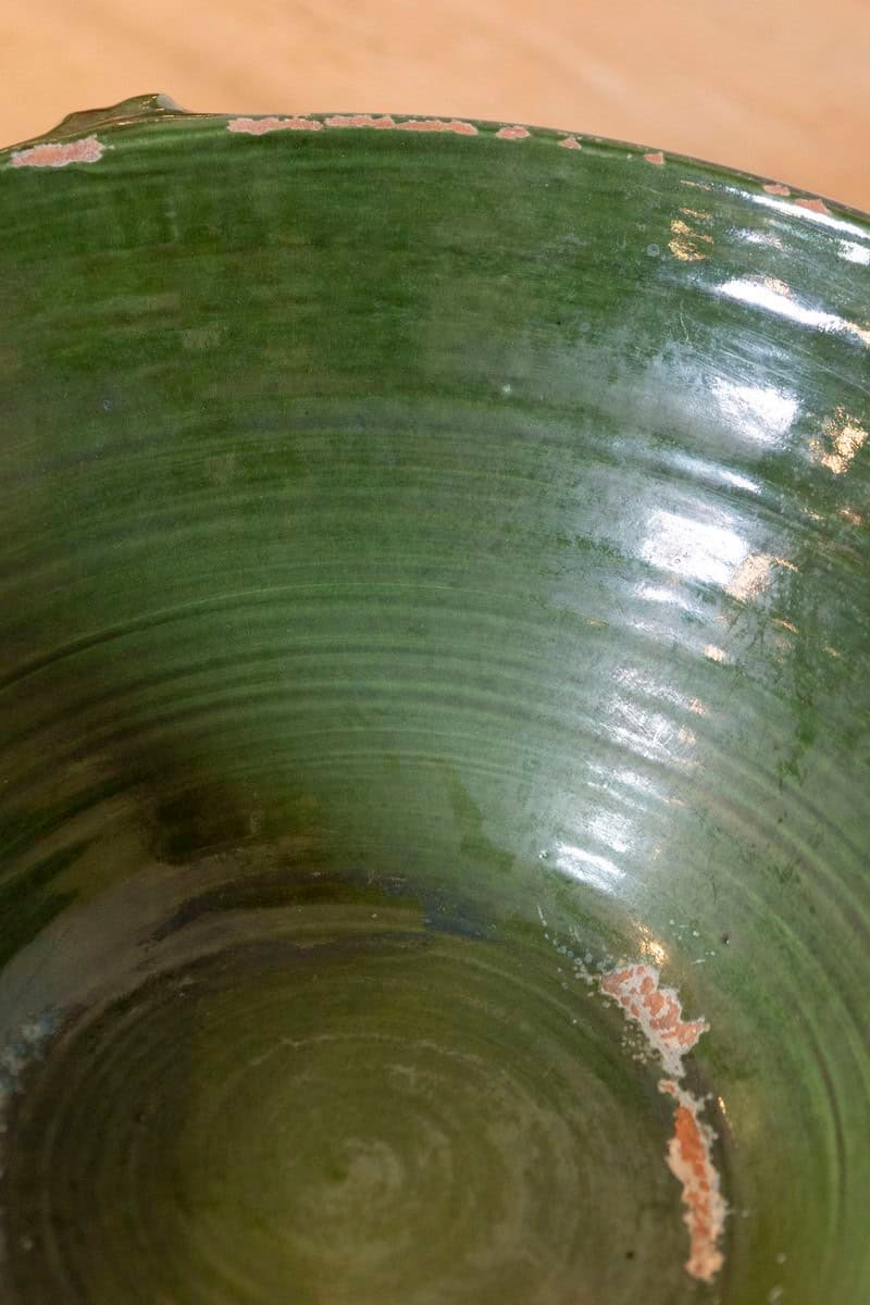 French 1850s Provincial Green Glazed Terracotta Bowl with Handles and Spout - JAA