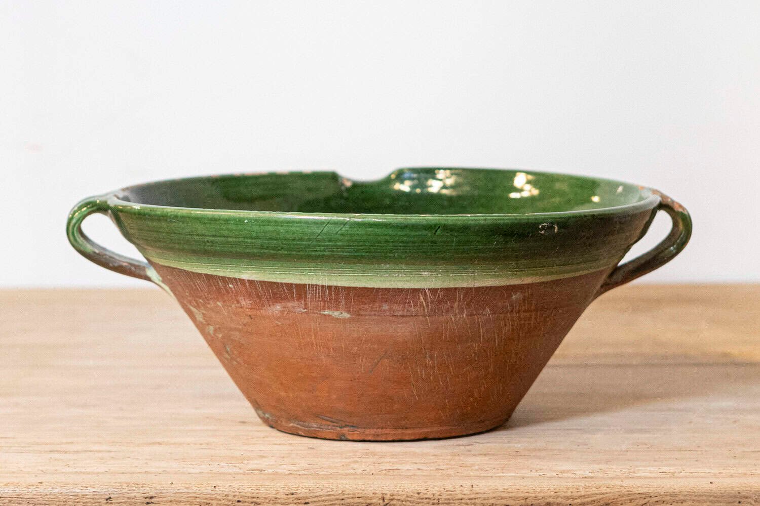 French 1850s Provincial Green Glazed Terracotta Bowl with Handles and Spout - JAA