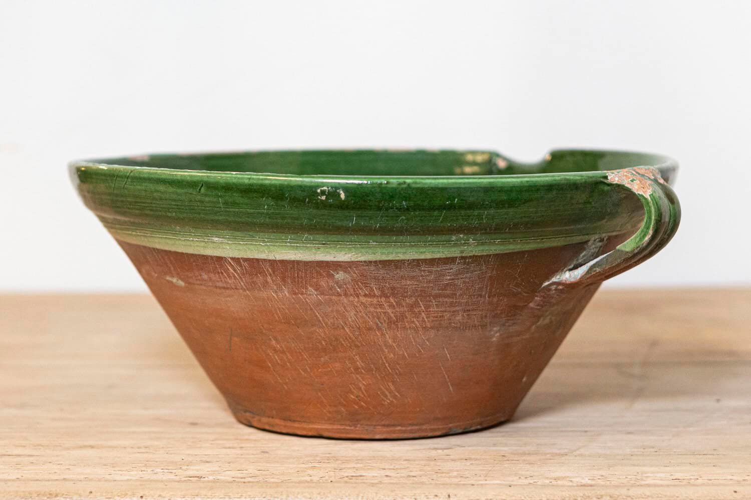French 1850s Provincial Green Glazed Terracotta Bowl with Handles and Spout - JAA
