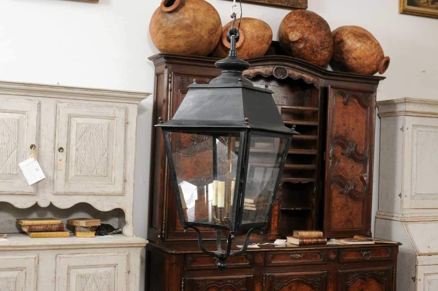 Turn of the Century French Iron and Glass Lanterns, Wired for the USA - JAA