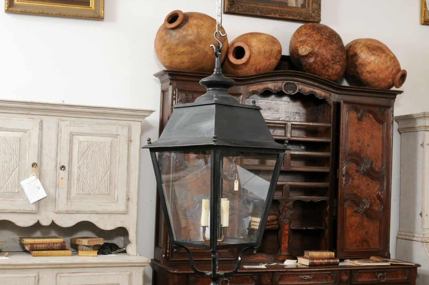 Turn of the Century French Iron and Glass Lanterns, Wired for the USA - JAA