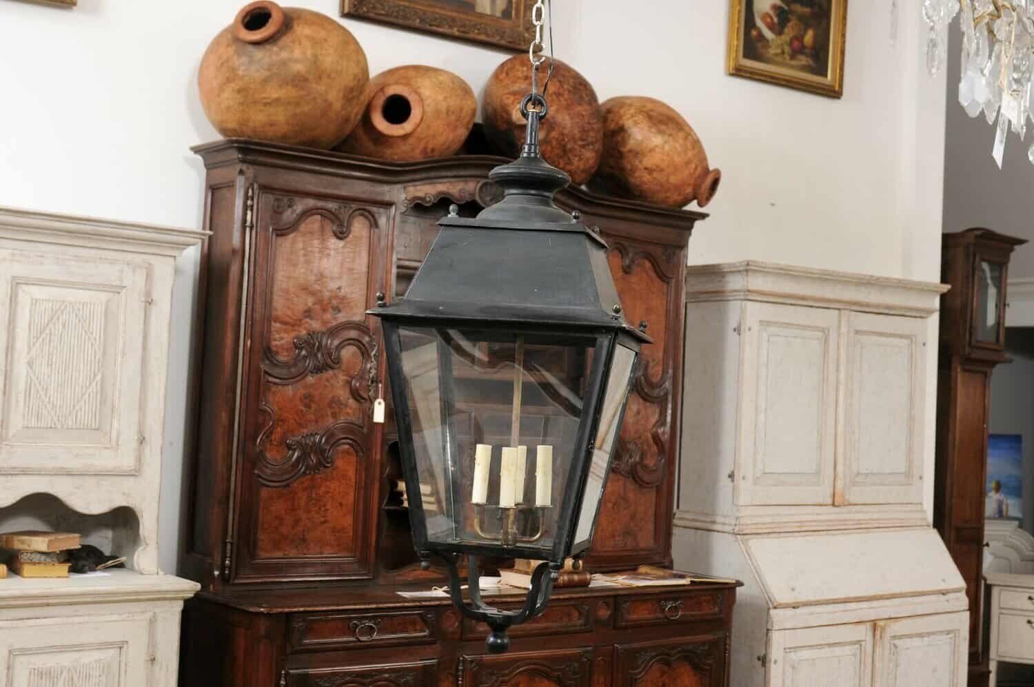 Turn of the Century French Iron and Glass Lanterns, Wired for the USA - JAA
