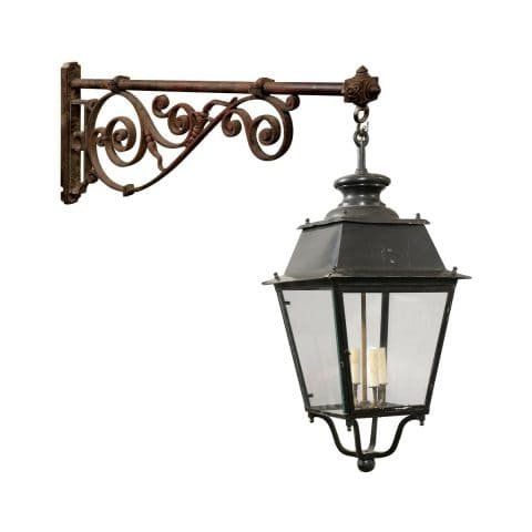 Turn of the Century French Iron and Glass Lanterns, Wired for the USA