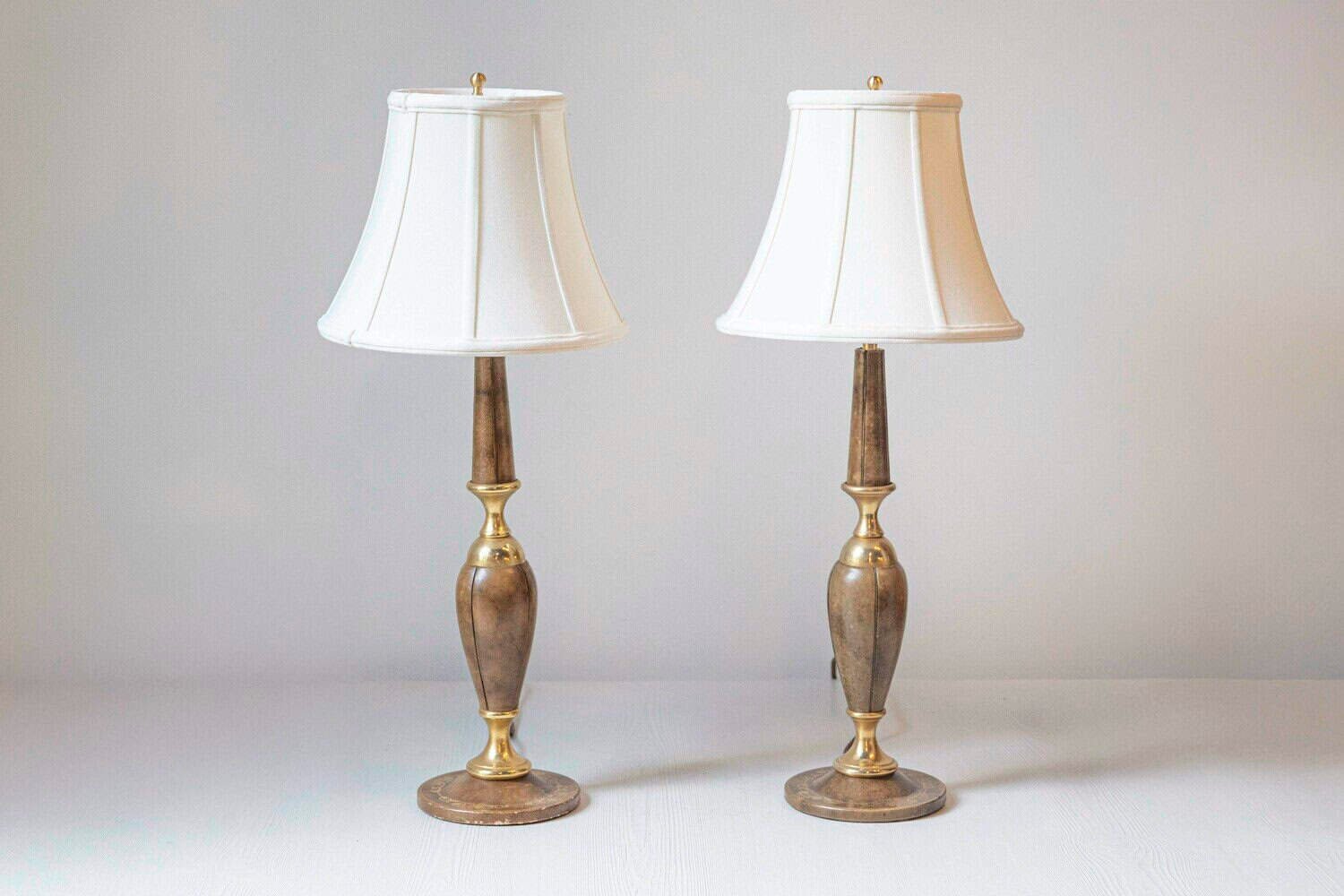 Pair of French Leather-Clad Table Lamps with Brass Accents, Inspired by Le Tanneur, circa 1970 - JAA