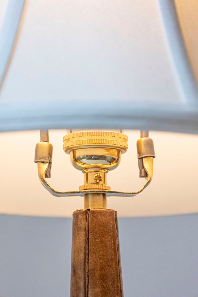 Pair of French Leather-Clad Table Lamps with Brass Accents, Inspired by Le Tanneur, circa 1970 - JAA