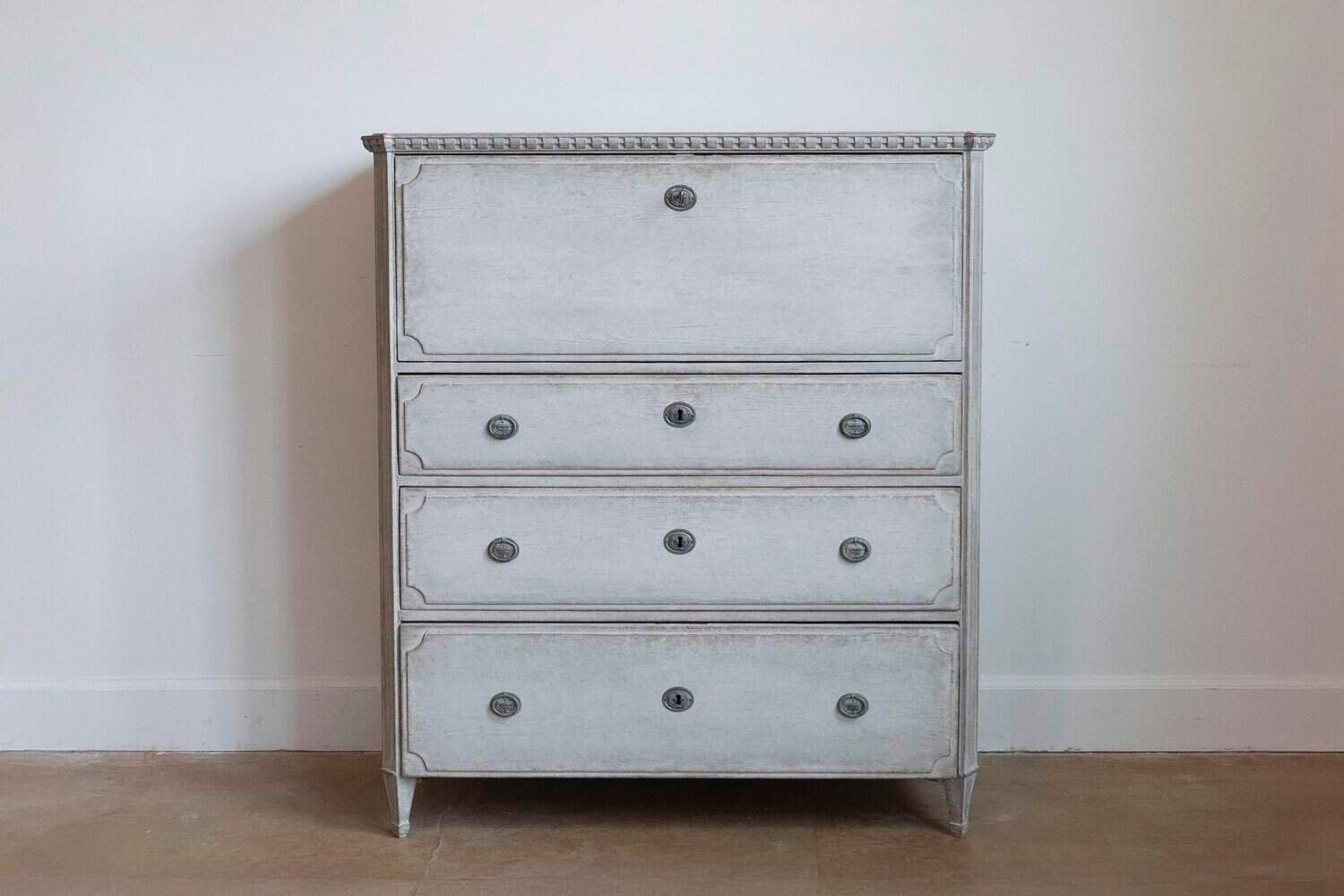 Gustavian Style 1840s Gray Painted Drop Front Secretary with Graduated Drawers - JAA