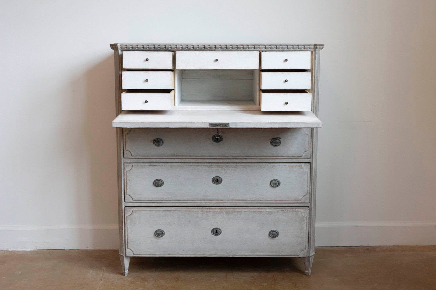 Gustavian Style 1840s Gray Painted Drop Front Secretary with Graduated Drawers - JAA