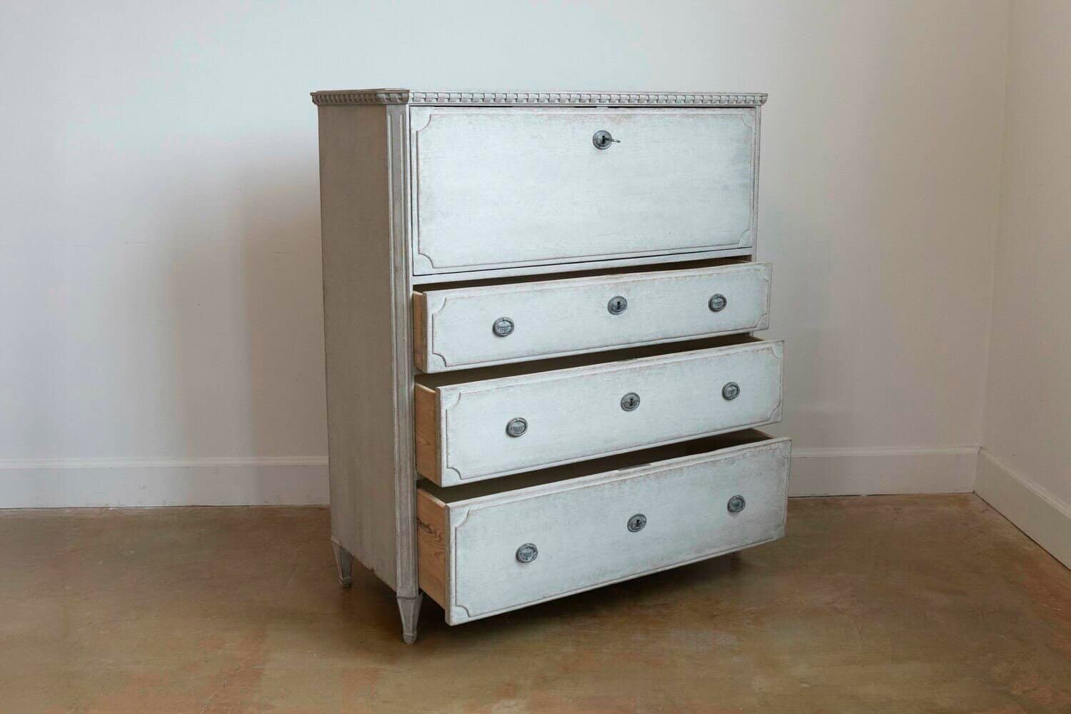Gustavian Style 1840s Gray Painted Drop Front Secretary with Graduated Drawers - JAA