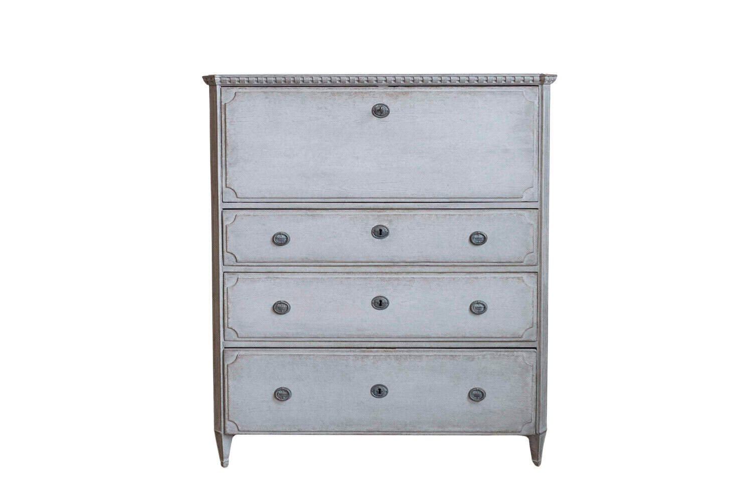 Gustavian Style 1840s Gray Painted Drop Front Secretary with Graduated Drawers