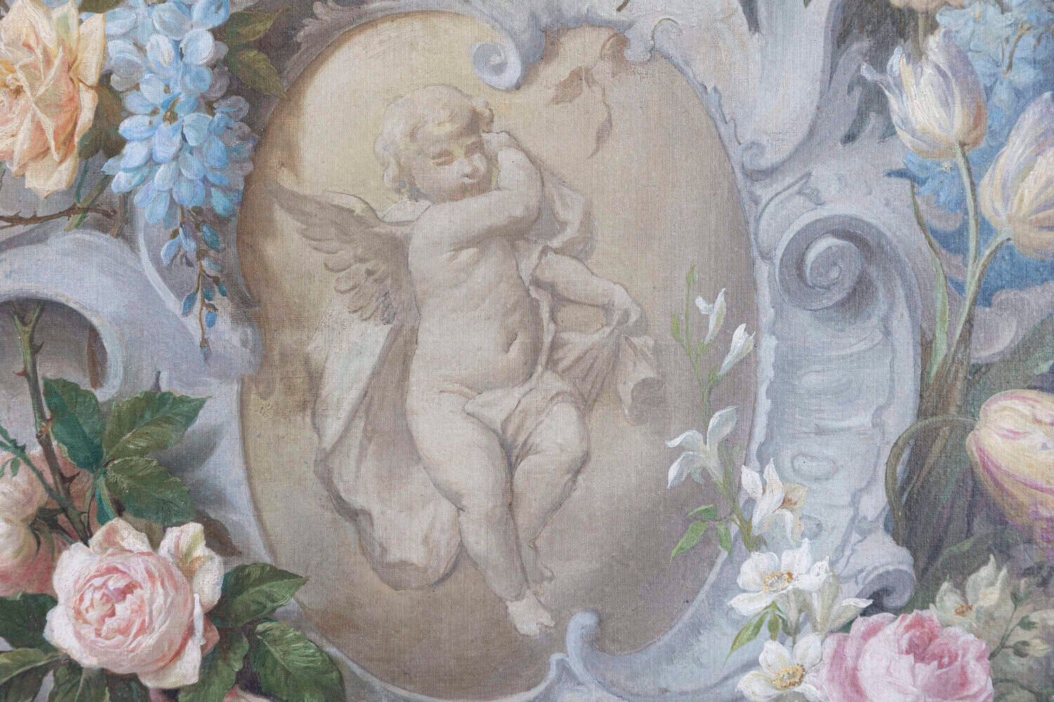 French 19th Century Aubusson Cartoon with Floral Decor Surrounding a Cherub - JAA