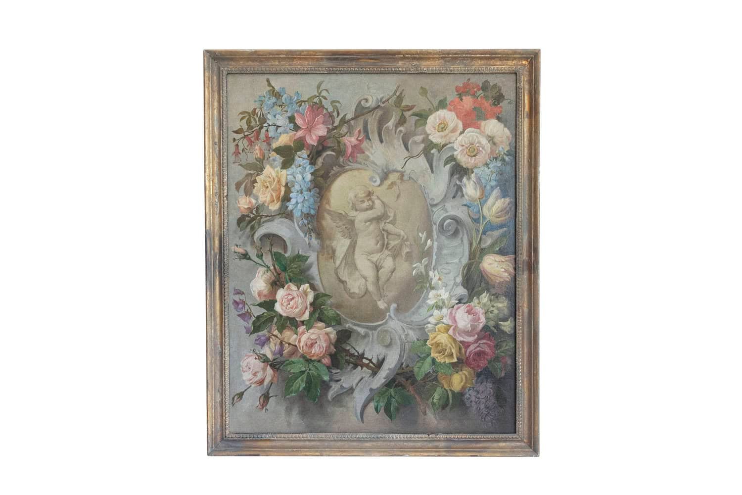 French 19th Century Aubusson Cartoon with Floral Decor Surrounding a Cherub - JAA