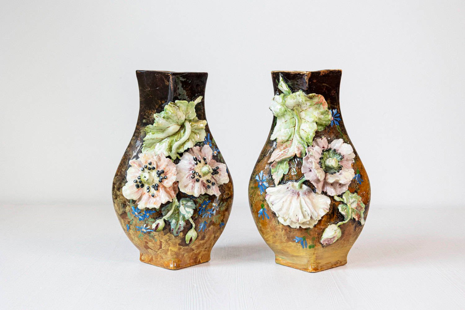 Pair of French 19th Century Vases with Barbotine Décor of Flowers and Leaves - JAA