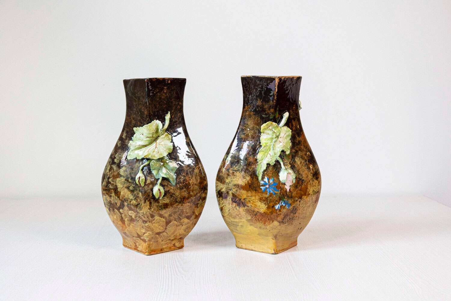 Pair of French 19th Century Vases with Barbotine Décor of Flowers and Leaves - JAA